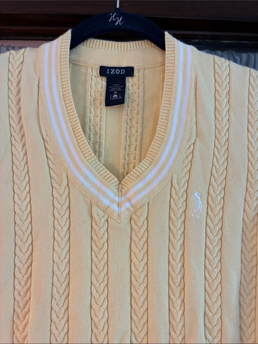 Izod Yellow Cable-Knit V-Neck Sweater Vest with White Trim - Picture 5 of 7
